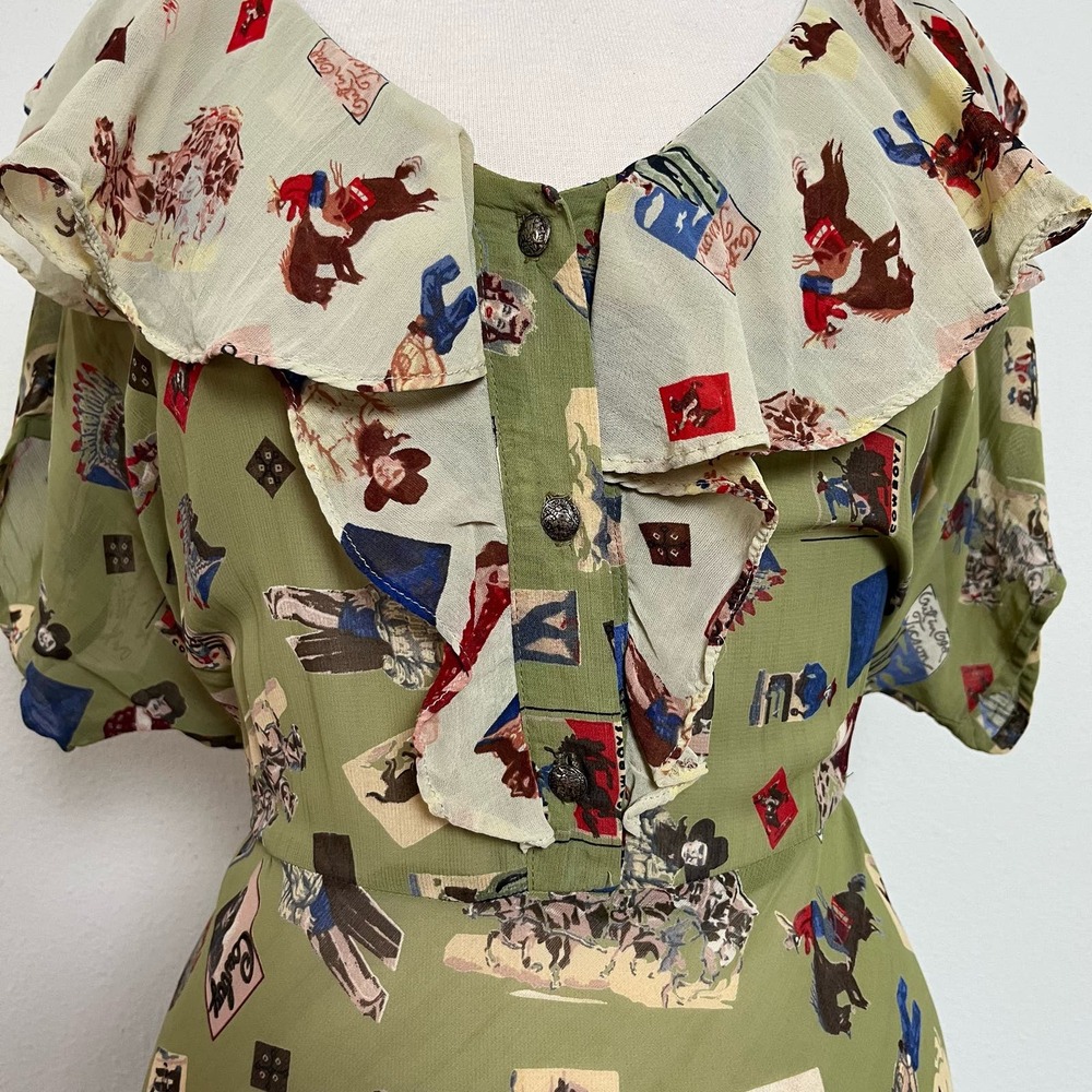 Vintage 90s Does 30s Green Novelty Print Cowboy Maxi Dress // Size Large - Picture 3 of 9